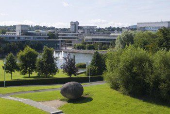 Views of Belfield campus and lake from the Veterinary Building woth 'Noah's Egg' by Rachel Joynt, sculpture in the foreground